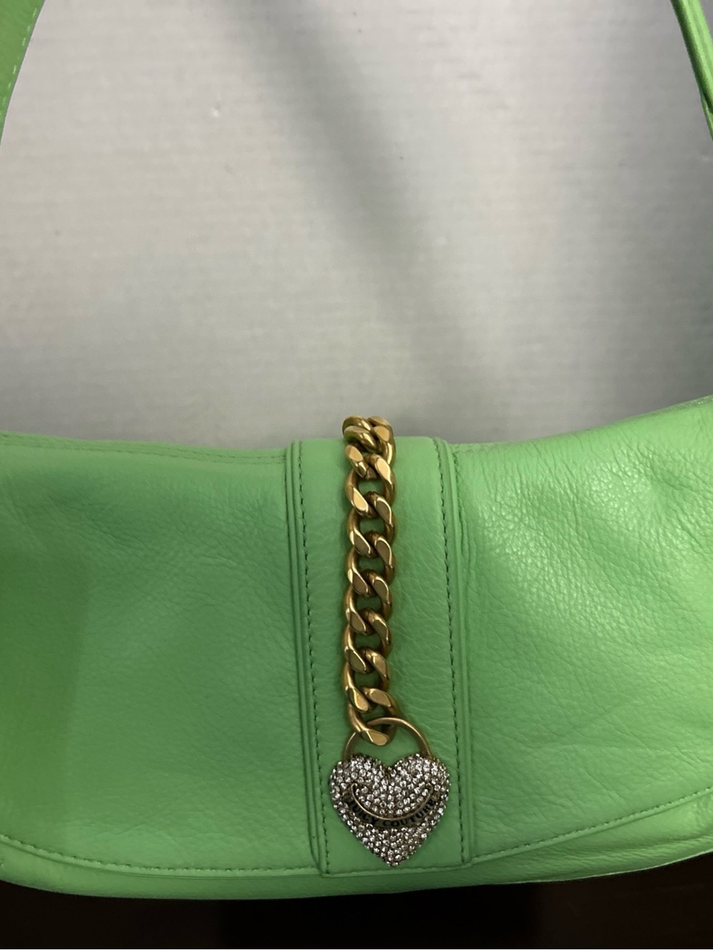 Y2KJuicy Couture Lime Green Leather Shoulder Bag with Gold Chain & Crystal Heart